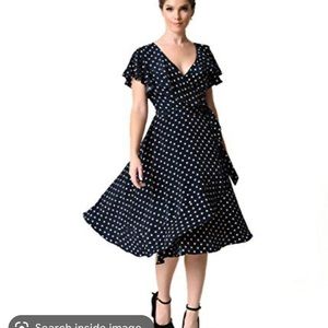 Unique Vintage Navy and White Polka Dot Wrap Dress